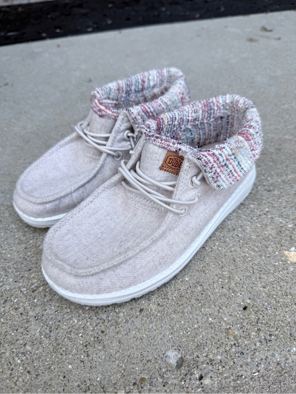 Hey Dude slip-on shoes in light beige with multicolor knit cuff